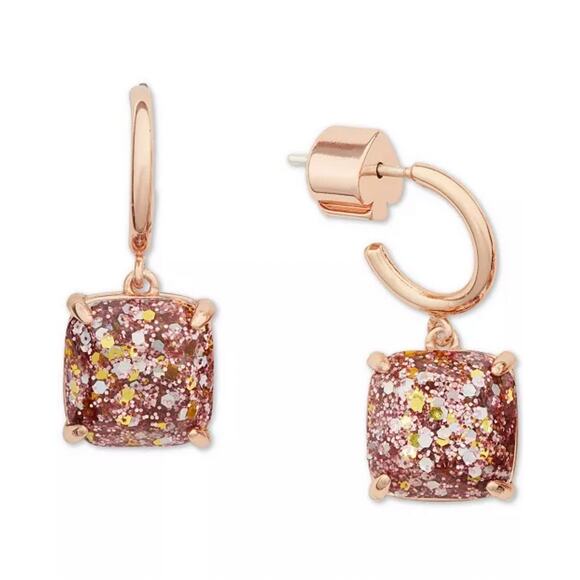 KATE SPADE | Square Glitter Stone Charm Huggie Hoop Earrings Rose Gold Pink - Picture 1 of 7